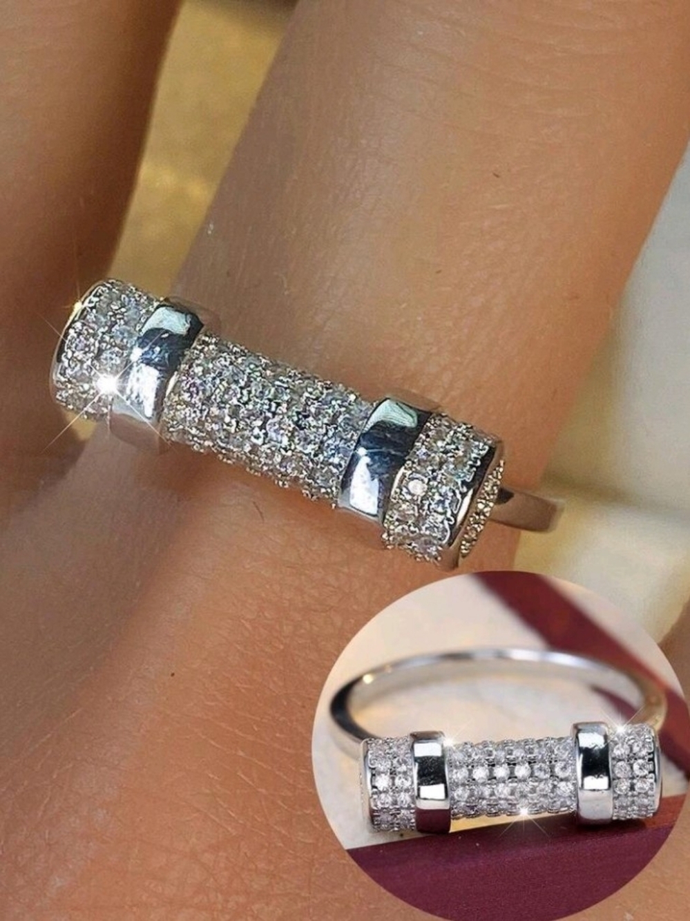 Pavé Cylinder Silver Ring - White Crystal